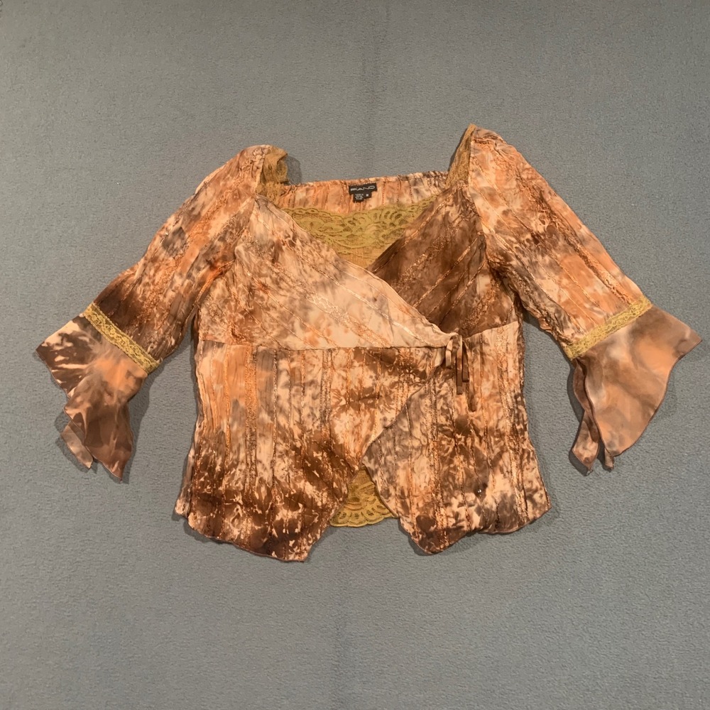 Y2K Womens Fairy Faux Wrap Blouse M Whimsigoth Lace Sequin Bell Sleeve Top Brown